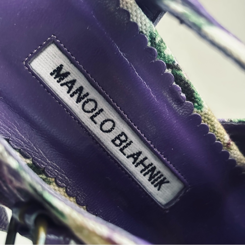 Manolo Blahnik Floral Cotton Slingback Purple Heels Sandals Shoe Size 11.5 - Picture 14 of 15